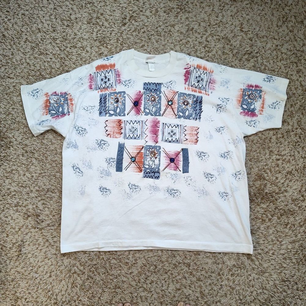 Wetpaint VTG White SS Hand Painted Jeweled Shoulder Pad Shirt‎ Women Sz XXXL